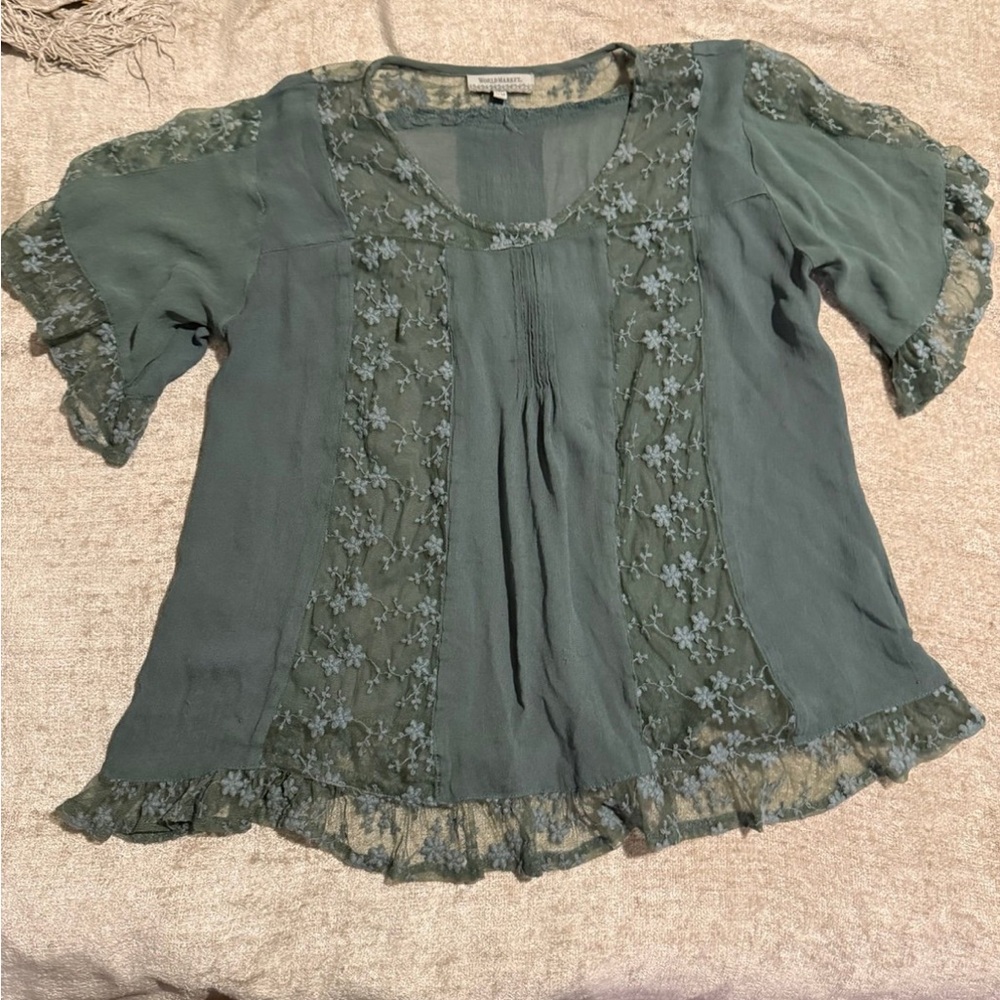 Green Ruffled Flutter Sleeve Blouse